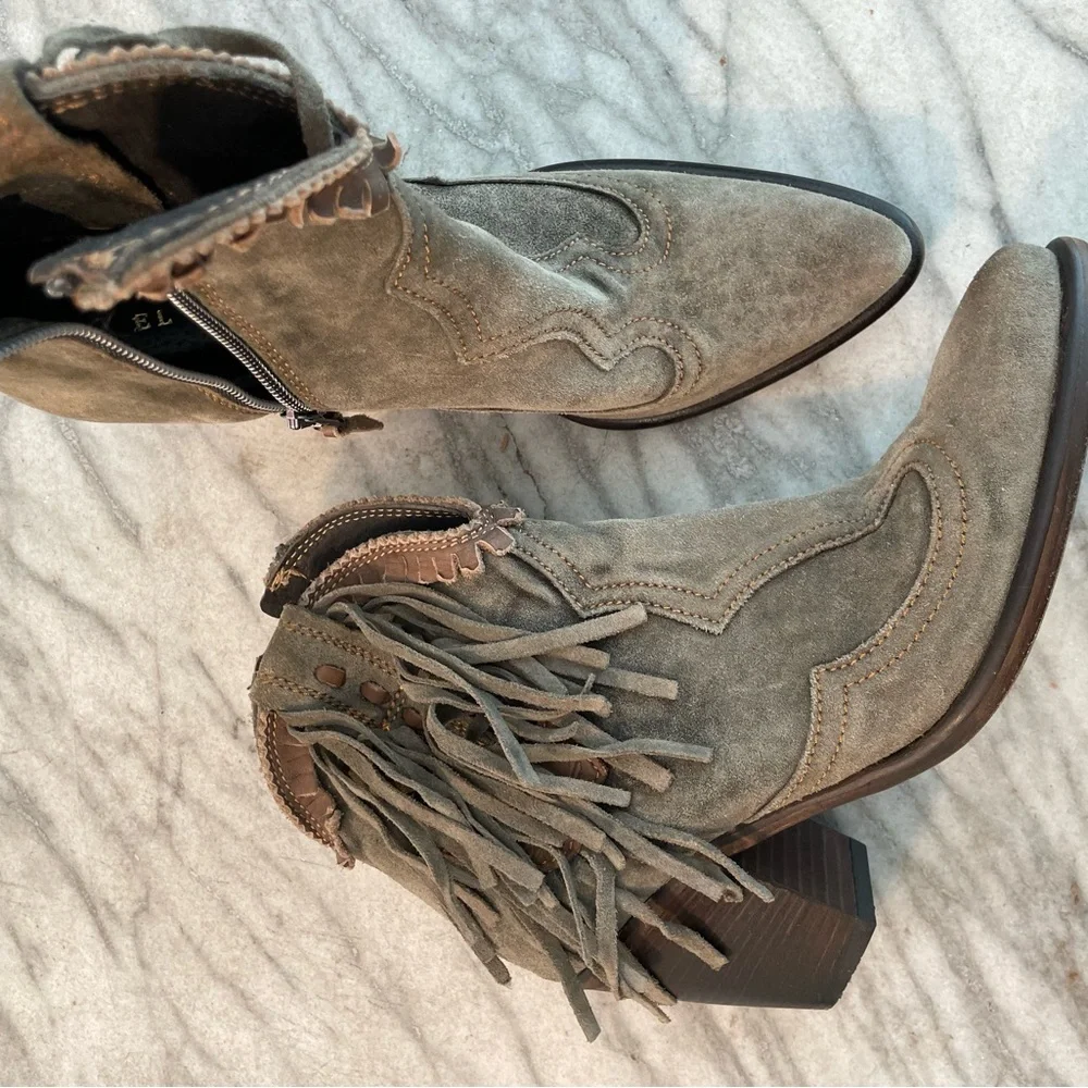 El Vaquero suede Cowboy Cowgirl western fringe leather ankle boots Italy 7.5
